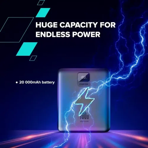  CANYON power bank PB-2008 LED FLAT 20000 mAh PD100W QC3.0 Dark Grey